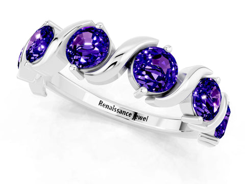 White gold Five-Stone Round Tanzanite Wave Band with Shared Prong Setting_7