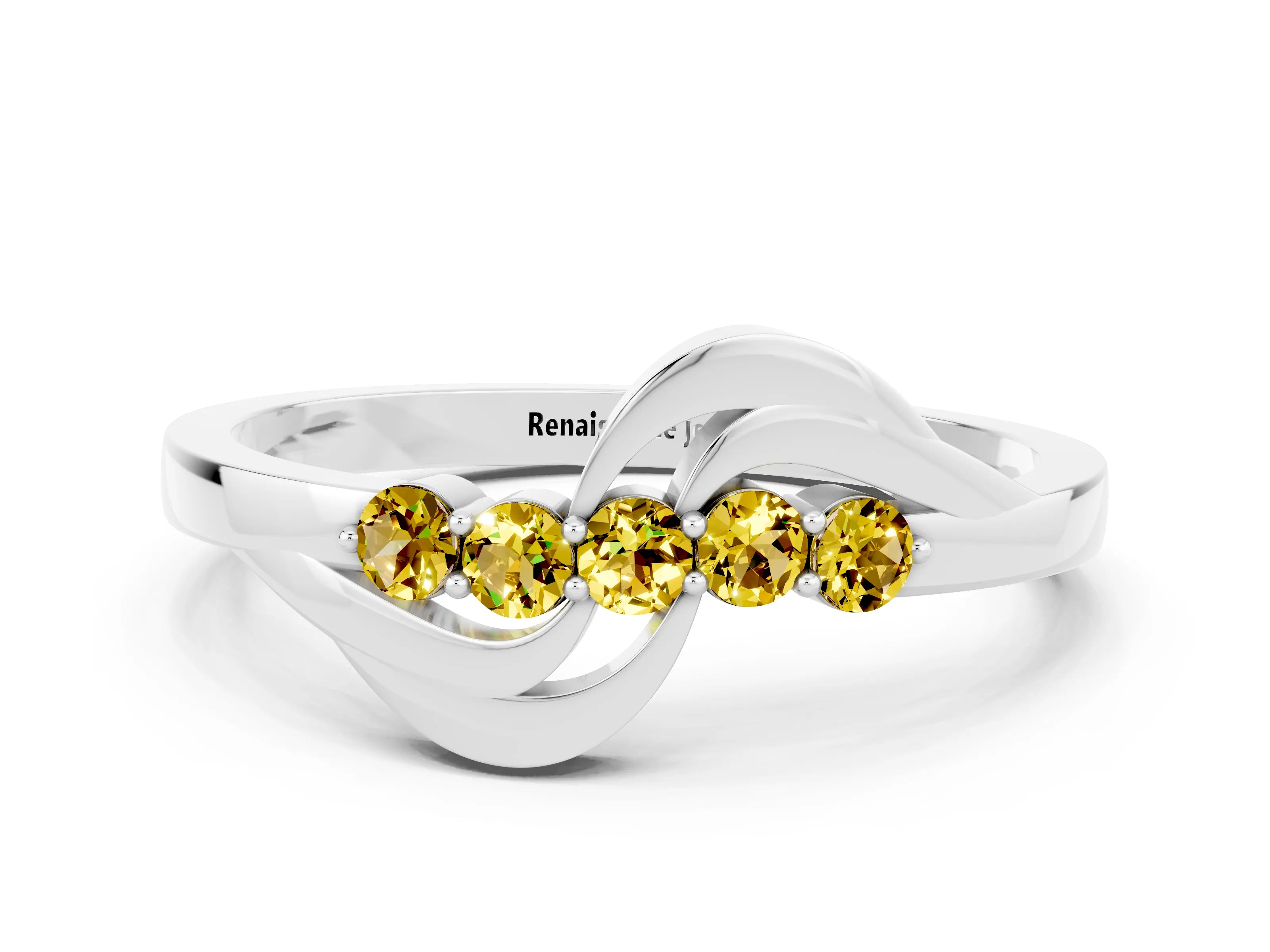 White gold Five-Stone Round Yellow Sapphire Crossover Band with Prong Setting_18