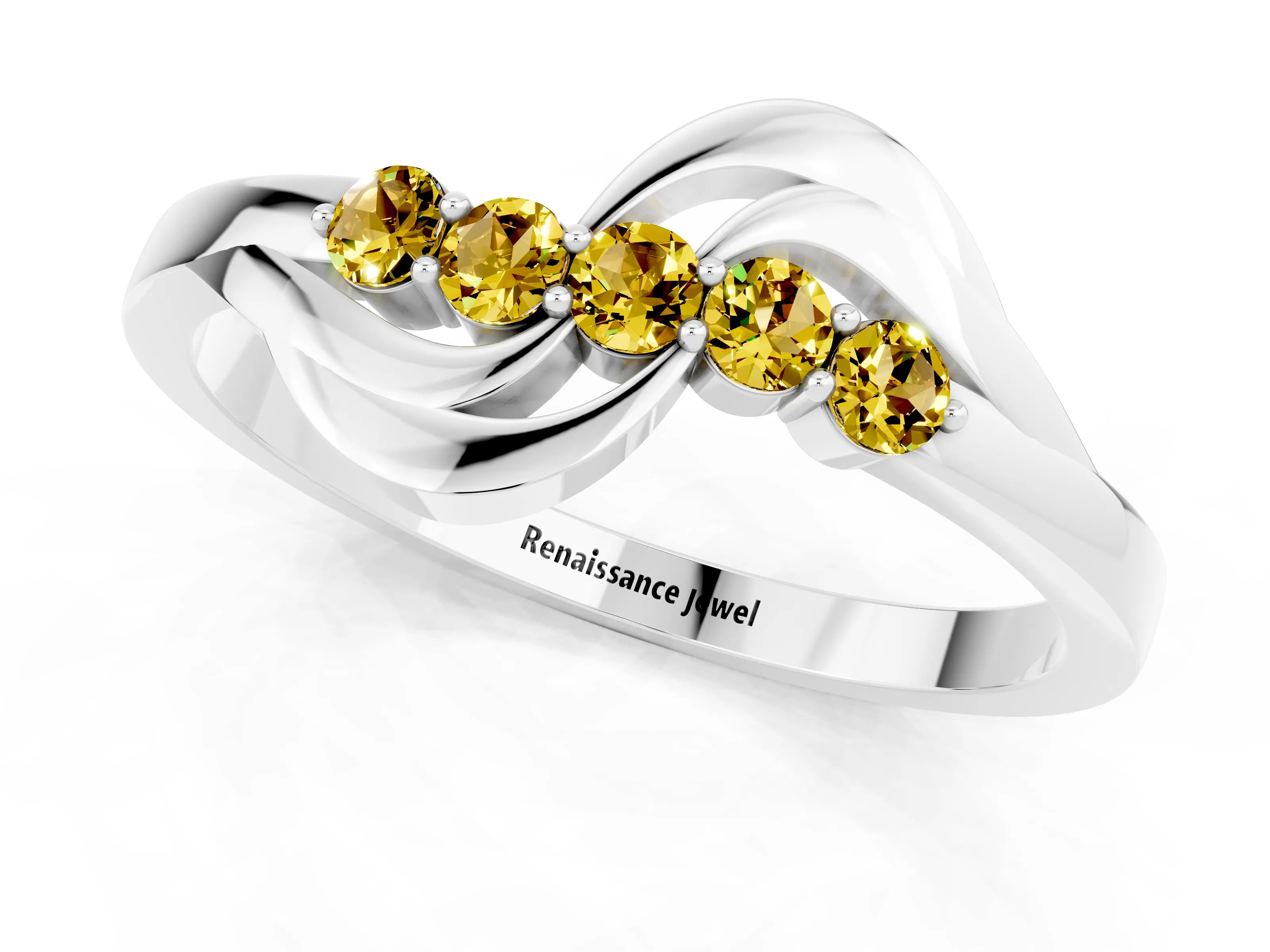 White gold Five-Stone Round Yellow Sapphire Crossover Band with Prong Setting_19