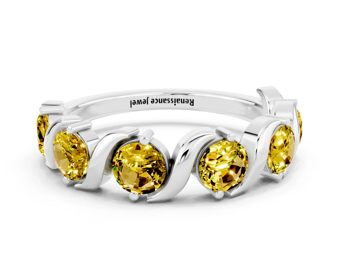 White gold Five-Stone Round Yellow Sapphire Wave Band with Shared Prong Setting_6