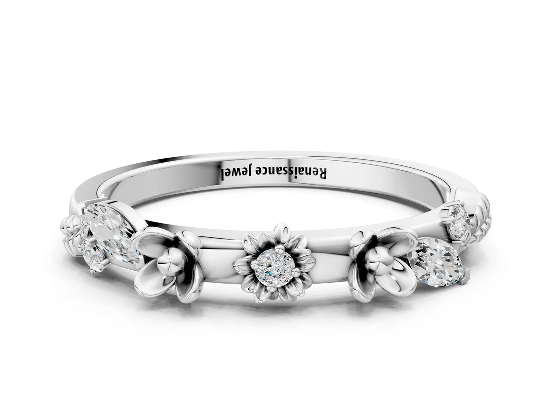 White gold Floral Diamond Band with Round and Marquise Stones, White Gold, Prong Setting_12