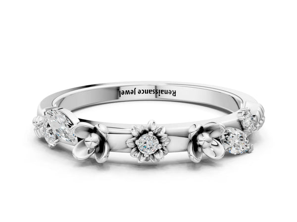 White gold Floral Diamond Band with Round and Marquise Stones, White Gold, Prong Setting