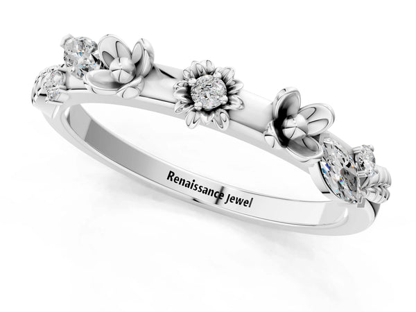 White gold Floral Diamond Band with Round and Marquise Stones, White Gold, Prong Setting