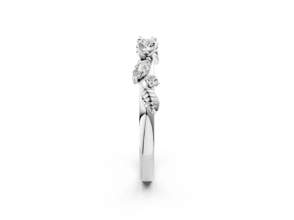 Platinum Floral Diamond Band with Round and Marquise Stones, White Gold, Prong Setting