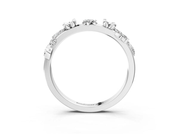 Platinum Floral Diamond Band with Round and Marquise Stones, White Gold, Prong Setting