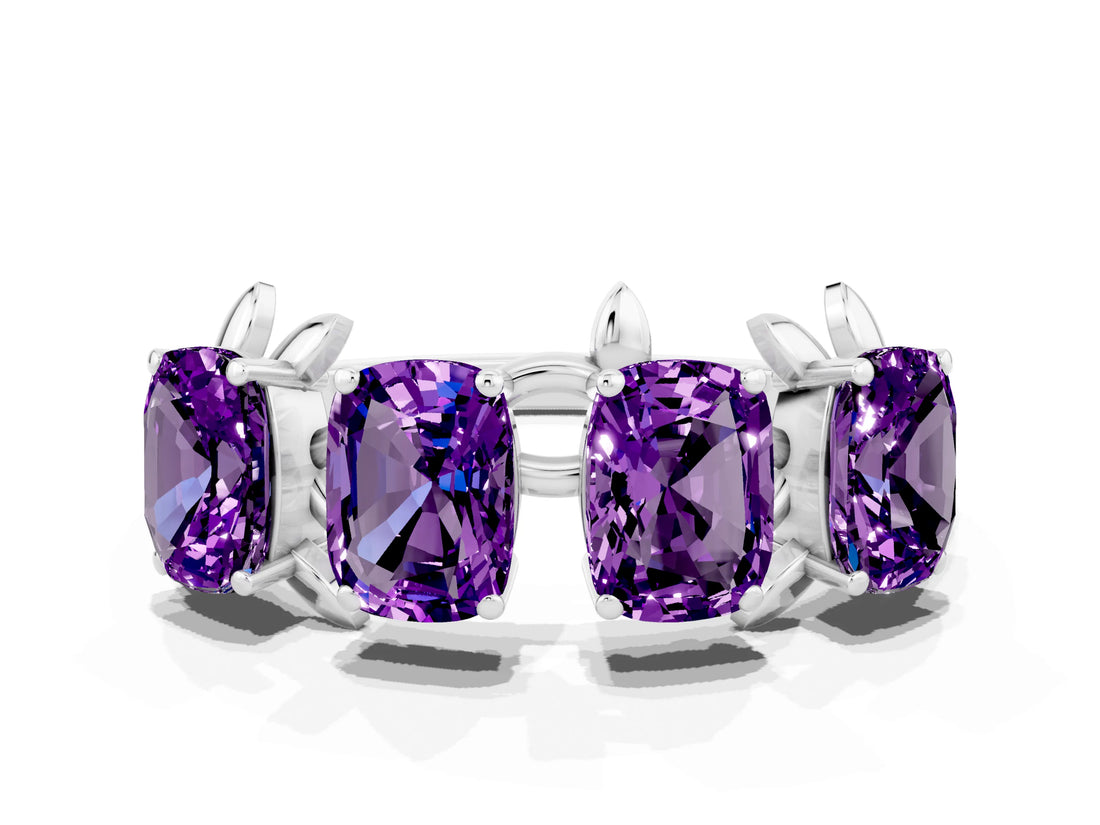 White gold Four-Stone Elongated Cushion Amethyst Band with Nature-Inspired Prong Setting_6