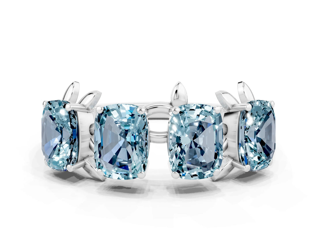 White gold Four-Stone Elongated Cushion Aquamarine Band with Nature-Inspired Prong Setting_6