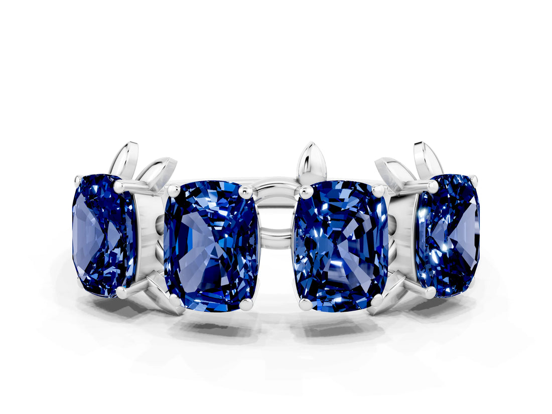 White gold Four-Stone Elongated Cushion Blue Sapphire Band with Nature-Inspired Prong Setting_6