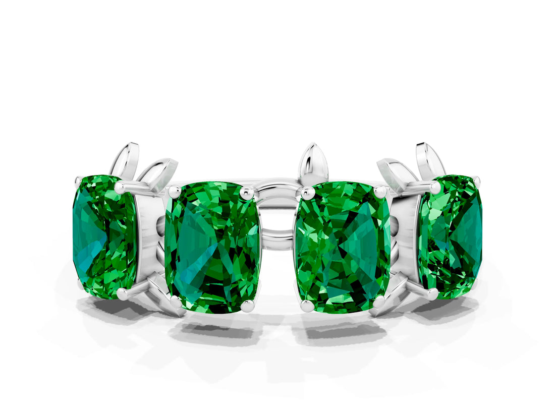 White gold Four-Stone Elongated Cushion Emerald Band with Nature-Inspired Prong Setting_6