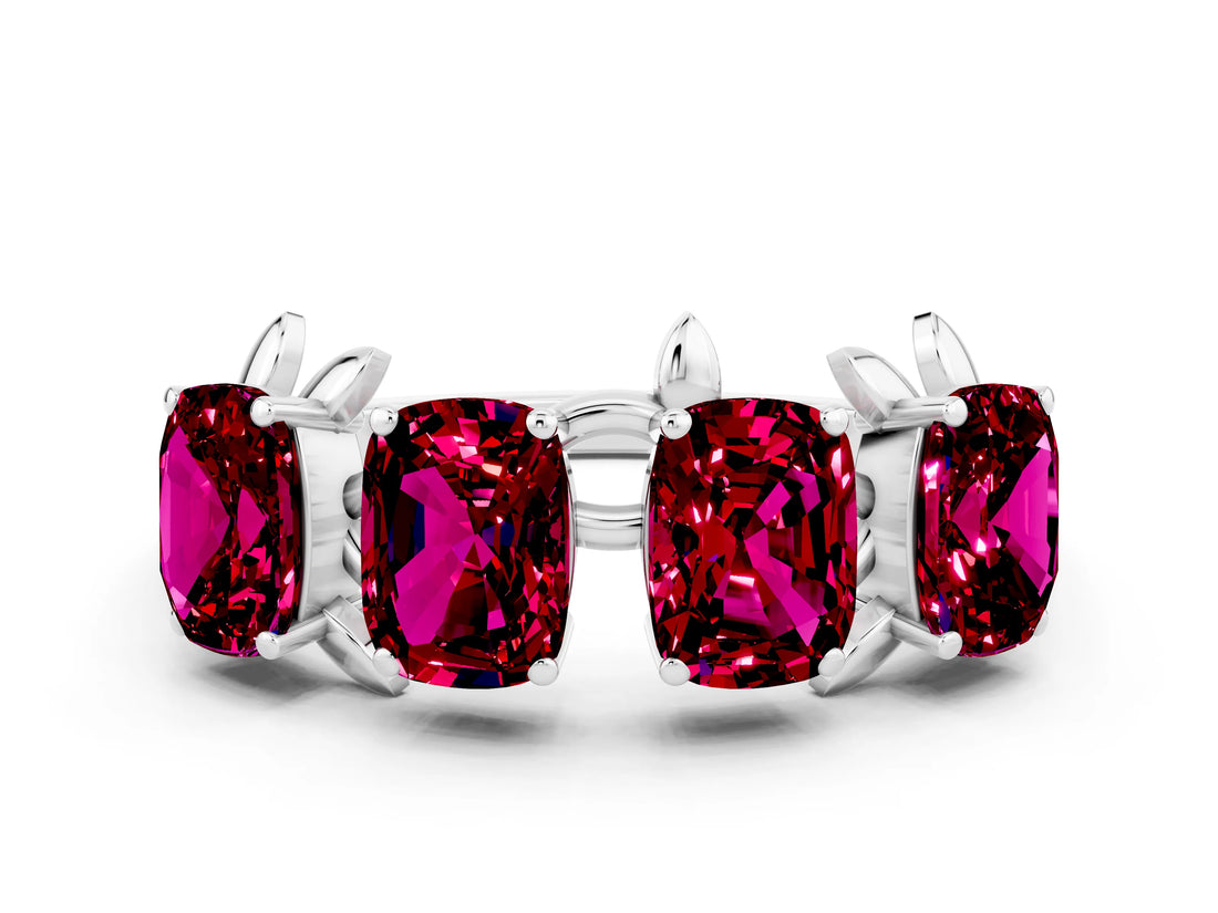 White gold Four-Stone Elongated Cushion Garnet Band with Nature-Inspired Prong Setting_6