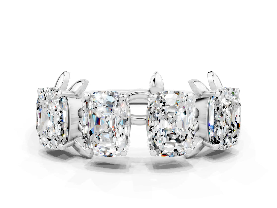 White gold Four-Stone Elongated Cushion Moissanite Band with Nature-Inspired Prong Setting_6