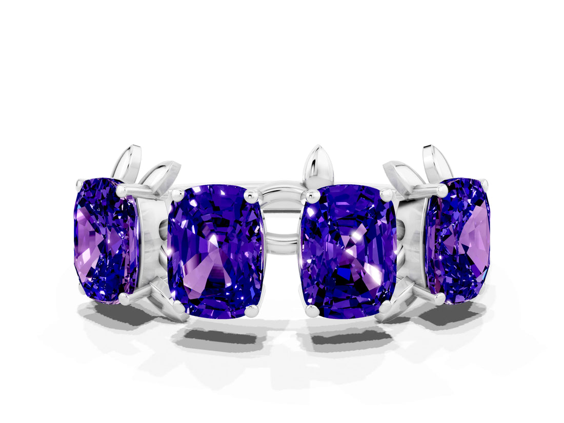 White gold Four-Stone Elongated Cushion Tanzanite Band with Nature-Inspired Prong Setting_6