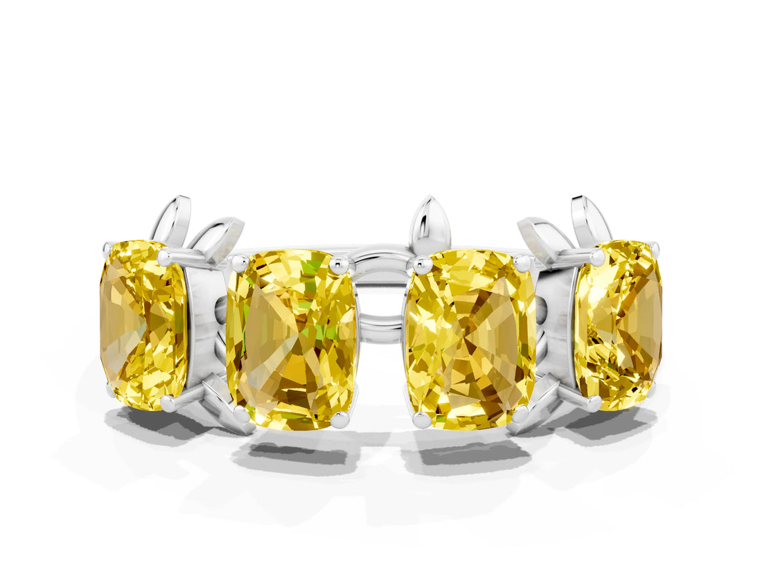 White gold Four-Stone Elongated Cushion Yellow Sapphire Band with Nature-Inspired Prong Setting_6