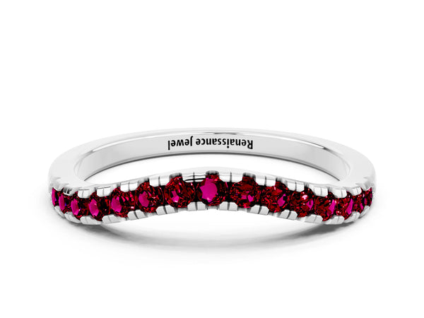 Platinum Round Garnet Pave Contour Wedding Band with Shared Prongs