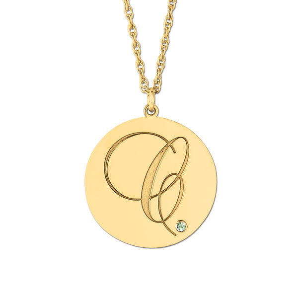 Silver Gold Script Initial Pendant with Round Gemstone Bezel Setting