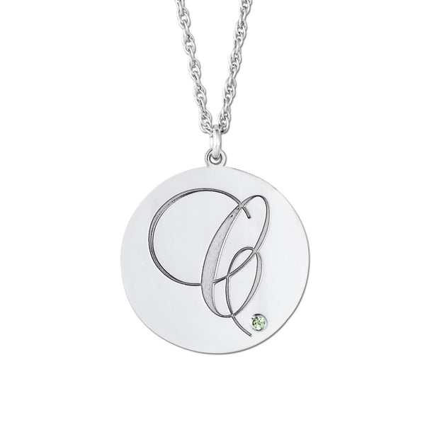 Silver Gold Script Initial Pendant with Round Gemstone Bezel Setting