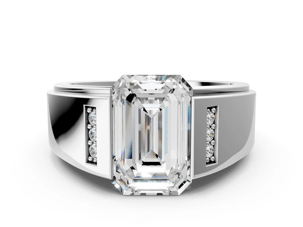 Platinum Half-Bezel Emerald Cut Diamond Mens Ring with Channel-Set Round Shoulders