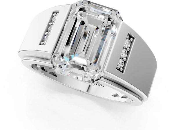 Platinum Half-Bezel Emerald Cut Diamond Mens Ring with Channel-Set Round Shoulders