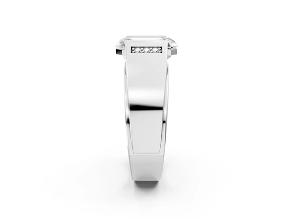 Platinum Half-Bezel Emerald Cut Diamond Mens Ring with Channel-Set Round Shoulders