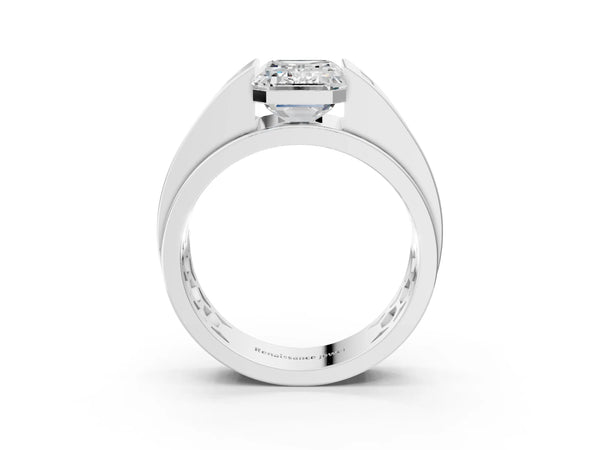 Platinum Half-Bezel Emerald Cut Diamond Mens Ring with Channel-Set Round Shoulders