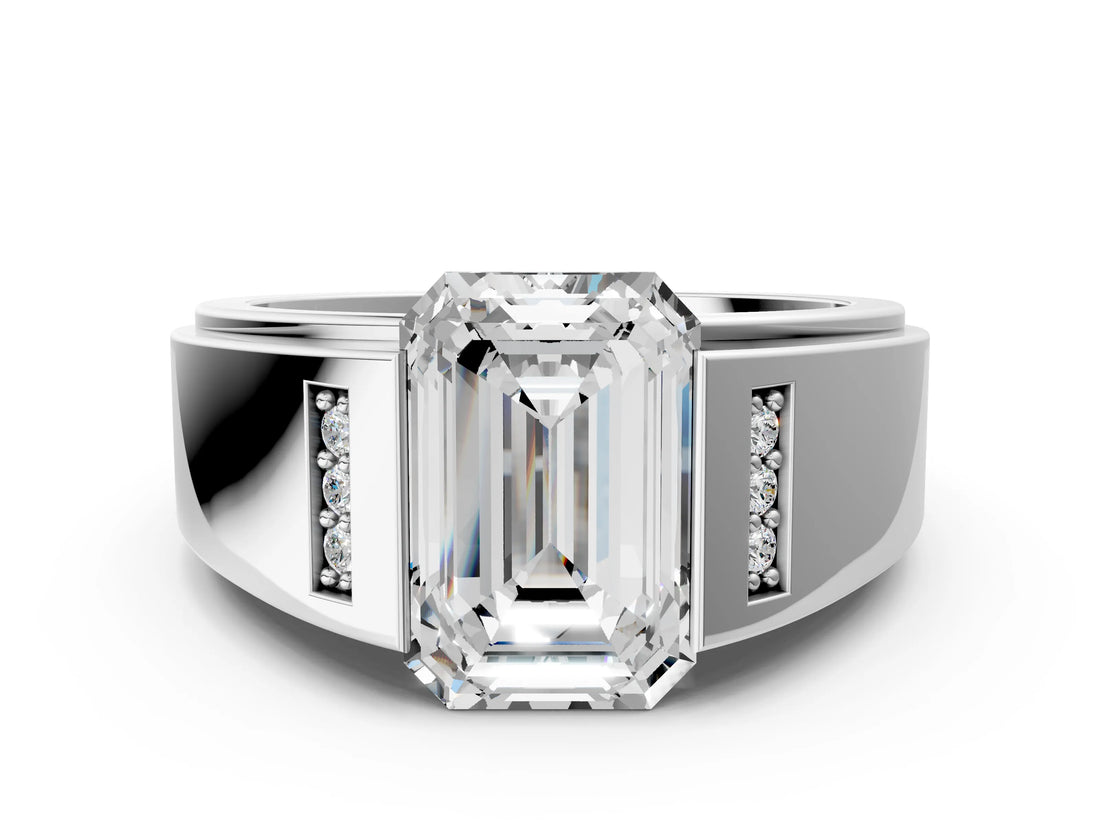 White gold Half-Bezel Emerald Cut Diamond Mens Ring with Channel-Set Round Shoulders