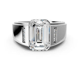 White gold Half-Bezel Emerald Cut Diamond Mens Ring with Channel-Set Round Shoulders