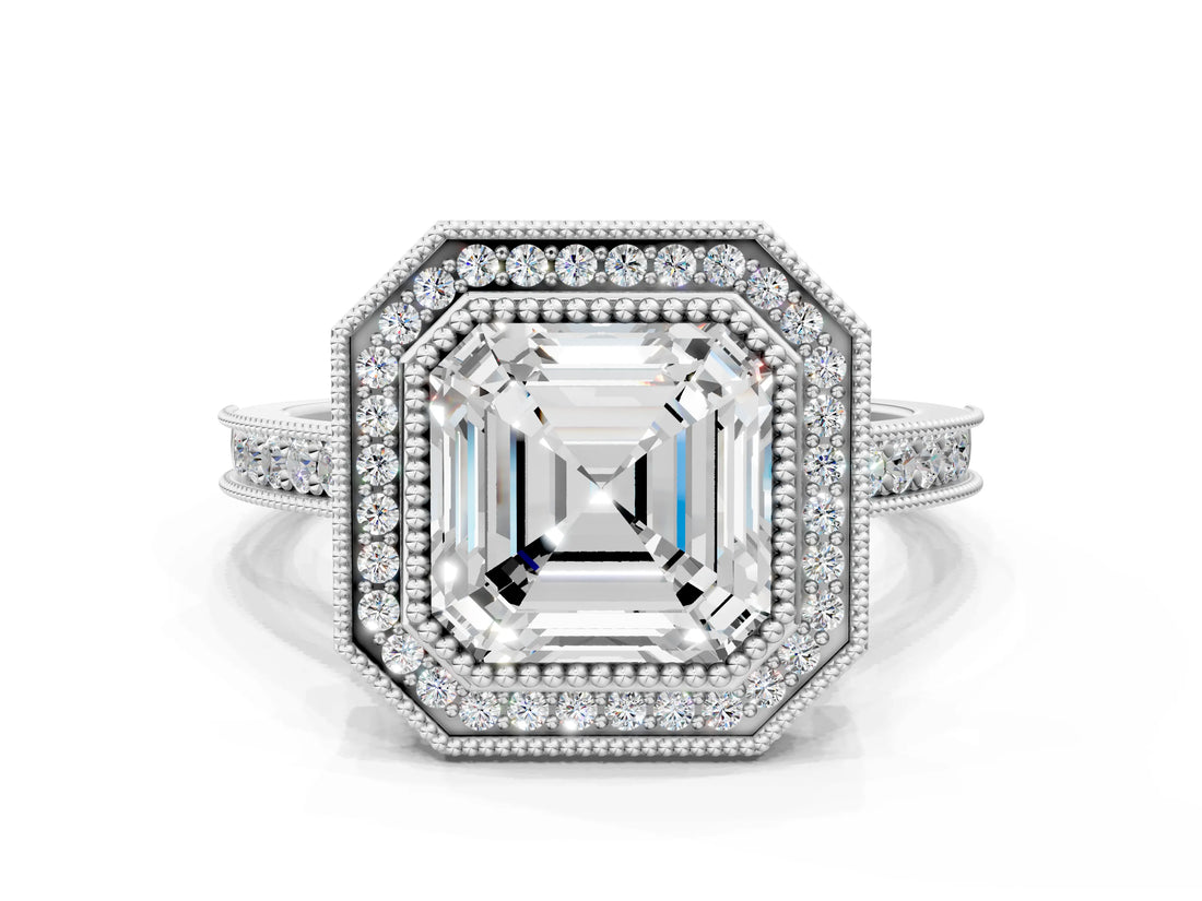 White gold Halo Asscher-Cut Diamond Pave Band Milgrain Prong Setting Ring_38