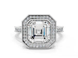 White gold Halo Asscher-Cut Diamond Pave Band Milgrain Prong Setting Ring_41