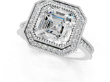 White gold Halo Asscher-Cut Diamond Pave Band Milgrain Prong Setting Ring_42