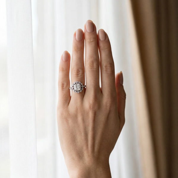 White gold Halo Cushion Cut Diamond Milgrain Band with Four-Prong Setting