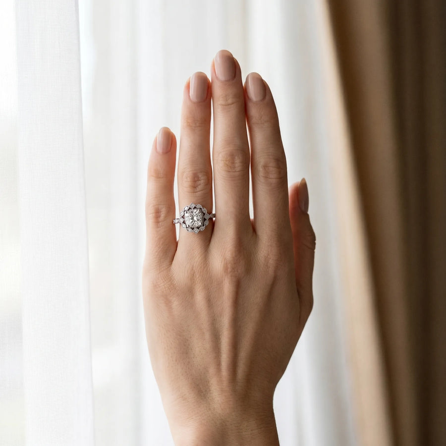 White gold Halo Cushion Cut Diamond Milgrain Band with Four-Prong Setting