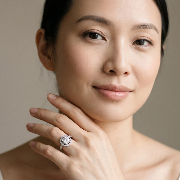 White gold Halo Cushion Cut Diamond Milgrain Band with Four-Prong Setting