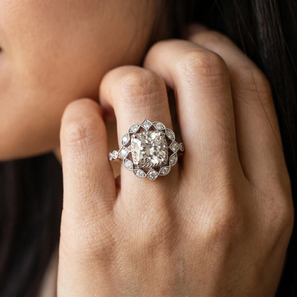 White gold Halo Cushion Cut Diamond Milgrain Band with Four-Prong Setting