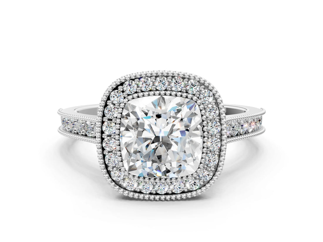 White gold Halo Cushion-Cut Diamond Pave Band Milgrain Prong Setting Ring_49