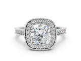 White gold Halo Cushion-Cut Diamond Pave Band Milgrain Prong Setting Ring_55