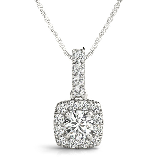 White gold Halo Cushion Cut Diamond Pendant with Four-Prong Setting