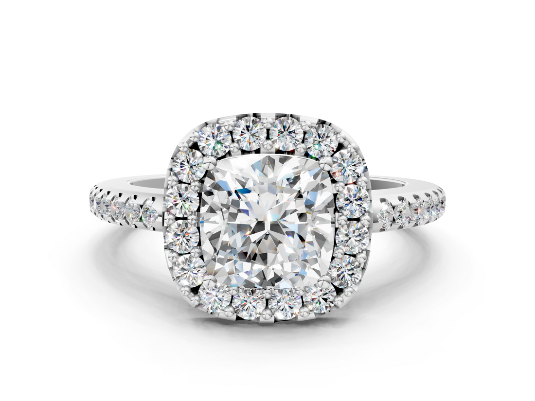 10K White Gold 1.05 Carat D VS1 Princess Diamond Pavé Halo Ring with Four-Prong Setting