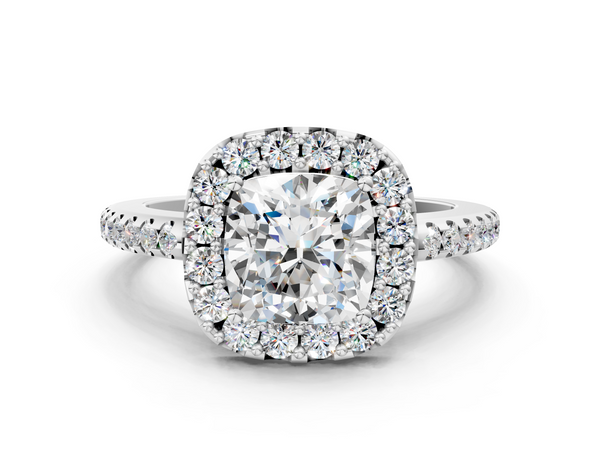 10K White Gold 1.05 Carat D VS1 Princess Diamond Pavé Halo Ring with Four-Prong Setting