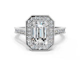 White gold Halo Emerald-Cut Diamond Pave Band Milgrain Prong Setting Ring_49