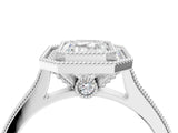 White gold Halo Emerald-Cut Diamond Pave Band Milgrain Prong Setting Ring_53