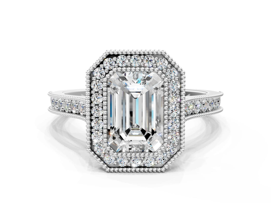 White gold Halo Emerald-Cut Diamond Pave Band Milgrain Prong Setting Ring_55