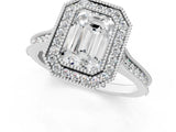 White gold Halo Emerald-Cut Diamond Pave Band Milgrain Prong Setting Ring_56