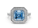 White gold Halo Fancy Blue Asscher -Cut Diamond Pave Band Milgrain Prong Setting Ring_52