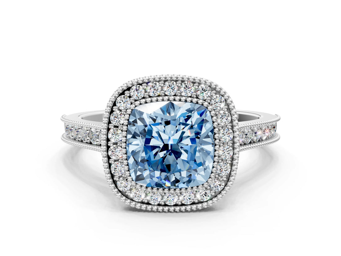 White gold Halo Fancy Blue Cushion -Cut Diamond Pave Band Milgrain Prong Setting Ring_55