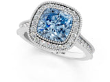 White gold Halo Fancy Blue Cushion -Cut Diamond Pave Band Milgrain Prong Setting Ring_56