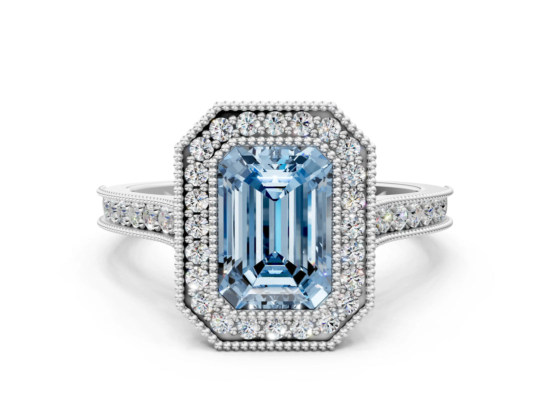 White gold Halo Fancy Blue Emerald -Cut Diamond Pave Band Milgrain Prong Setting Ring_54