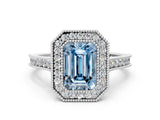 White gold Halo Fancy Blue Emerald -Cut Diamond Pave Band Milgrain Prong Setting Ring_54