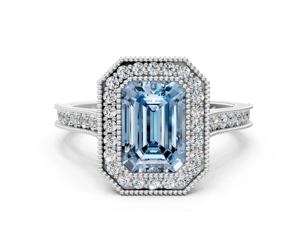 Platinum Halo Fancy Blue Emerald -Cut Diamond Pave Band Milgrain Prong Setting Ring