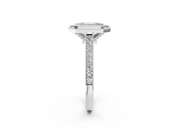 Platinum Halo Fancy Blue Emerald -Cut Diamond Pave Band Milgrain Prong Setting Ring