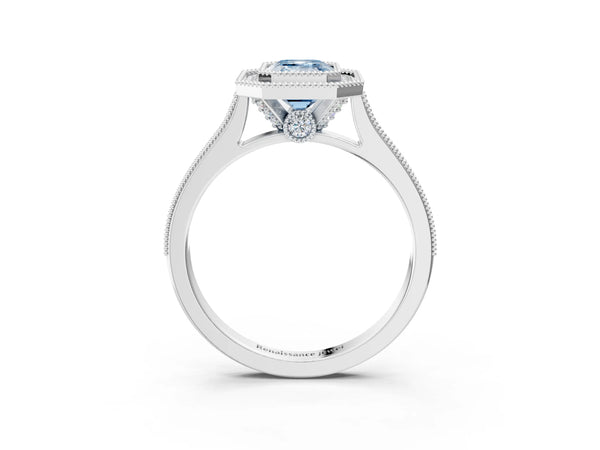 Platinum Halo Fancy Blue Emerald -Cut Diamond Pave Band Milgrain Prong Setting Ring
